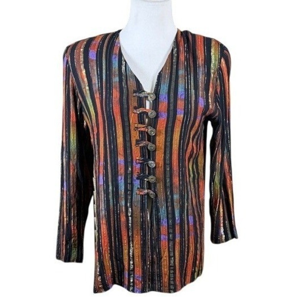 Sharon Anthony Petite Vintage Striped Metallic Button Front Blouse 4P‎ USA Made